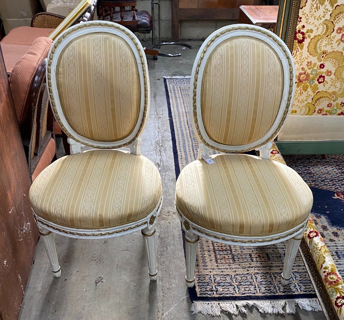 A pair of French painted side chairs, width 54cm, depth 50cm, height 99cm